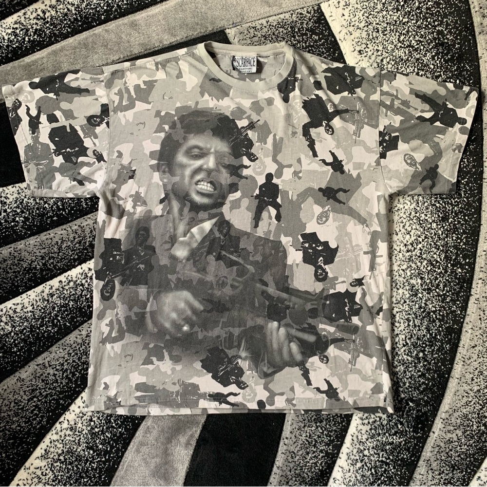 Vintage Scarface Company Al Pacino All Over Print Camo Black White Grey T-shirt